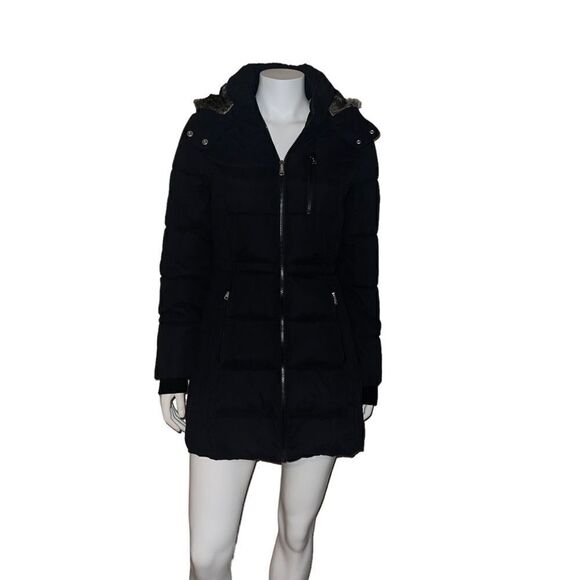 Nautica Womens Puffer Jacket Removable Hood Faux Fur Lining Black Small NWT - Picture 1 of 7